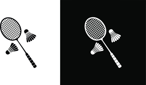 Black badminton racket and shuttlecocks on white and black backgrounds