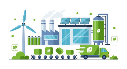 Naklejka premium Eco-Friendly Factory: Renewable Energy, Sustainable Manufacturing, and Green Logistics Supply Chain