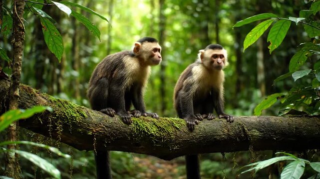 Two Capuchin monkeys sit on a mossy branch in a tropical forest