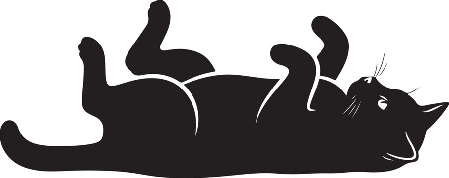 Black cat lying on its back with a contented expression and a playful pose.