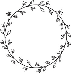 Autumn Leaf Wreath Silhouette Illustration,
Floral Circle Frame with Leaves and Berries Vector,
Botanical Round Border Black and White Design