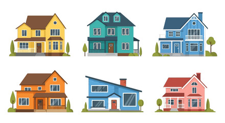 Fototapeta premium Colorful illustration of diverse residential house styles in a row isolated on transparent background, Vector