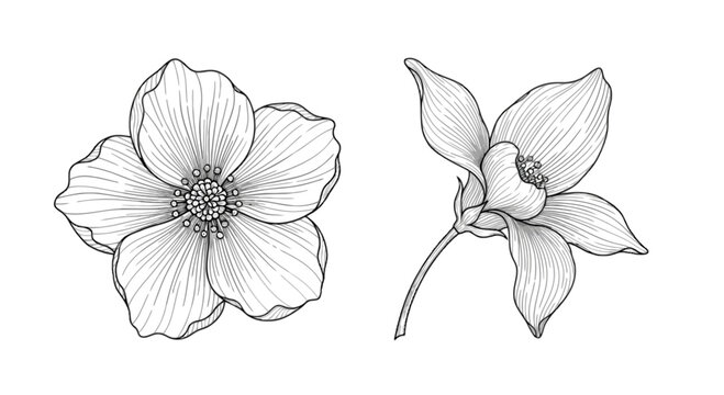Graceful line drawing of delicate twin flowers with slender stems and leaves isolated on transparent background, Vector