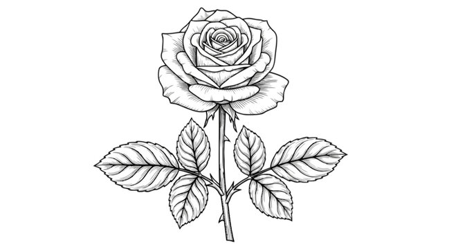 Elegant black and white line drawing of a single rose with delicate leaves isolated on transparent background, Vector