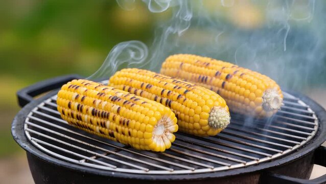 Fresh yellow corn grills over open flames, charred and steaming on a backyard barbecue, capturing the smoky warmth of summer outdoor cooking.