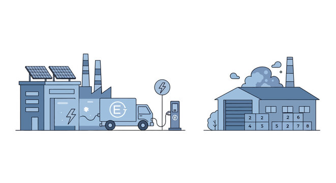 Sustainable Industry & Electric Logistics: Modern Factory with Solar Panels, EV Charging vs. Traditional Polluting Plant