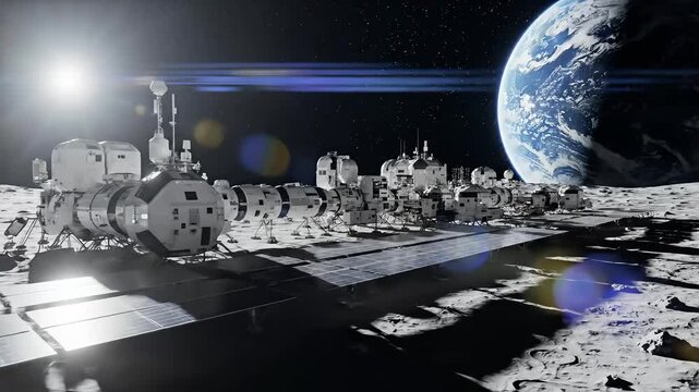 Futuristic lunar base on moon's surface with Earth in the background for space exploration concepts