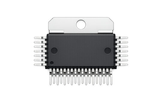 Integrated circuit chip with many pins on a black background, close-up view