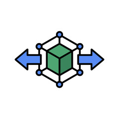 A vector graphic illustration of a green cube surrounded by a molecular structure with two blue arrows pointing in opposite directions
