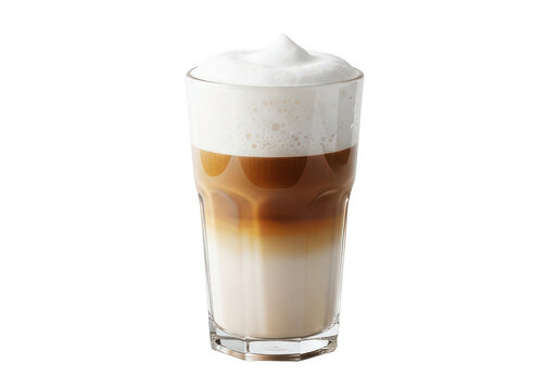 A layered latte macchiato in a glass showcasing coffee and milk on transparent background