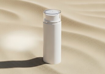 White cosmetic bottle stands prominently in a softly lit desert sand scene