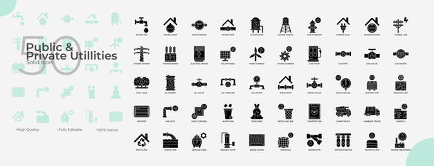 Public And Private Utillities Solid Editable Icons set