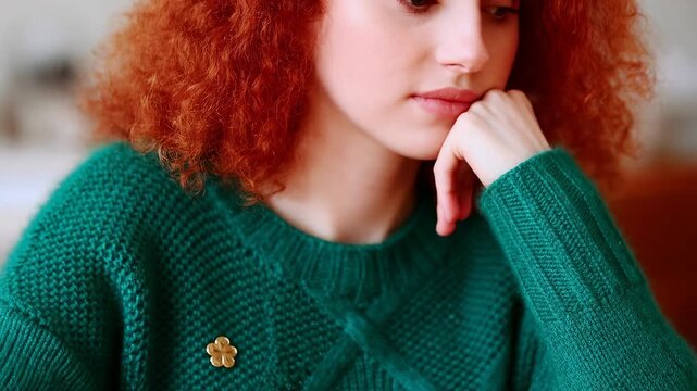 Thoughtful woman with red hair and green sweater