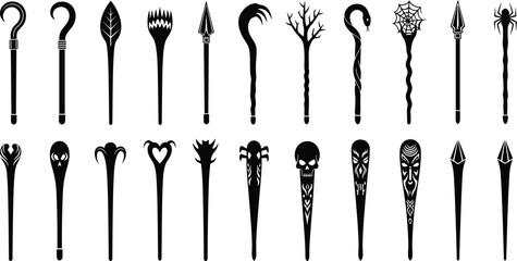 Collection of mystical fantasy magic wands silhouettes, isolated on white background, witch wizard staff set, decorative spooky symbols illustration design © Mst