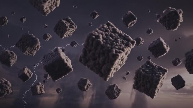 Multiple gray stone cubes floating in the sky with stormy clouds and lightning