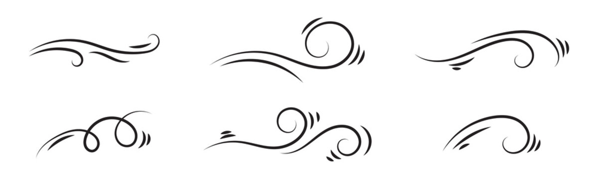 Wind and air flow swirl icons collection in black. Curved lines showing breeze and motion effects