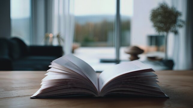 Open book on wooden table with soft window light and blurred modern interior background.