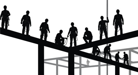 Construction workers are depicted in a striking black silhouette atop steel beams during a building project silhouette high quality professional detailed © CreativeAkash099