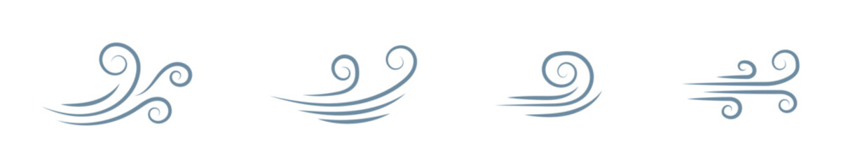 Fototapeta premium Wind air line effect in doodle style. Hand drawn swirl speed waves, air flow, stormy winds and curve smoke. Set of motion of hurricanes, autumn gusts, and summer breezes, vector illustration.