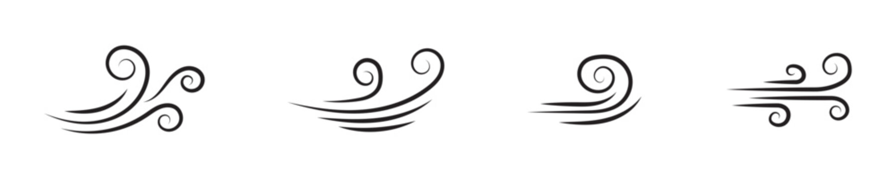 Wind air line effect in doodle style. Hand drawn swirl speed waves, air flow, stormy winds and curve smoke. Set of motion of hurricanes, autumn gusts, and summer breezes, vector illustration.