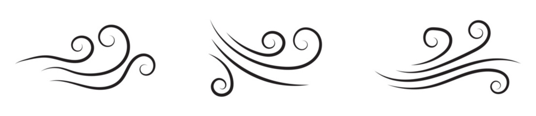 Obraz premium Wind air line effect in doodle style. Hand drawn swirl speed waves, air flow, stormy winds and curve smoke. Set of motion of hurricanes, autumn gusts, and summer breezes, vector illustration.