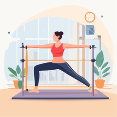 Fototapeta premium Young woman performing pilates exercises with resistance bands at home gym