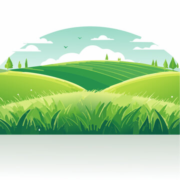 Idyllic summer landscape illustration of rolling green hills and meadows