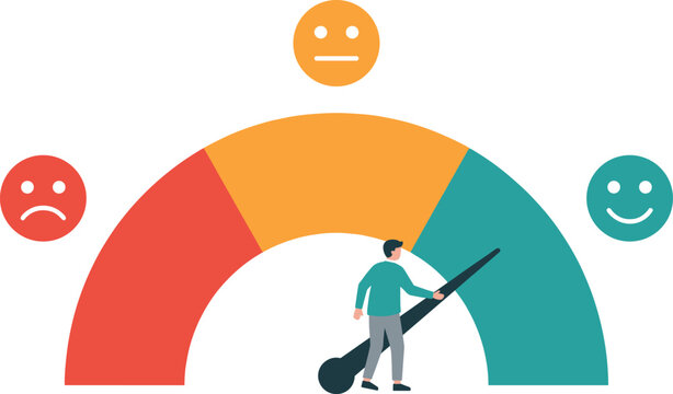 Customer satisfaction gauge illustration with people adjusting rating meter showing negative neutral positive feedback emotions for survey analytics and user experience concept