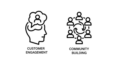 Obraz premium Outline icons representing customer engagement with a thought bubble and profile, and community building with interconnected people in a circle.