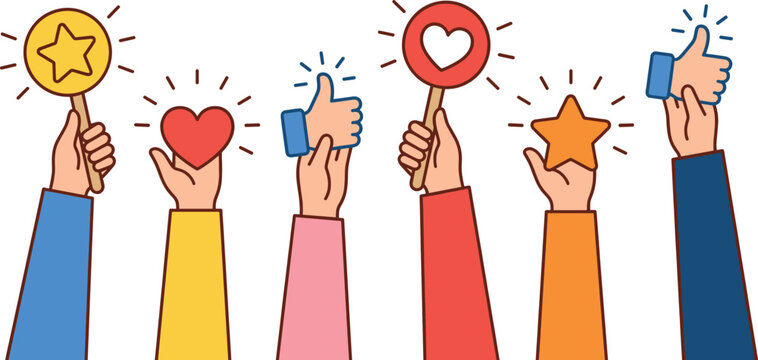 Hands holding like love and star rating icons showing positive feedback appreciation social engagement and customer satisfaction concept illustration design