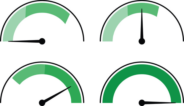 Green performance gauge meters showing increasing levels with needle positions for analytics dashboard progress tracking measurement and business success concept visual design