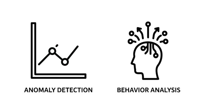 Vector icons for anomaly detection and behavior analysis: a line graph showing unusual data points and a silhouette of a head with network connections.
