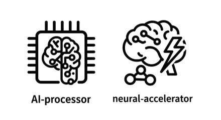 Fototapeta premium Icons representing AI processor and neural accelerator: a microchip with a brain circuit design and a brain with lightning bolts and circuits, symbolizing AI hardware and processing power. Modern vect