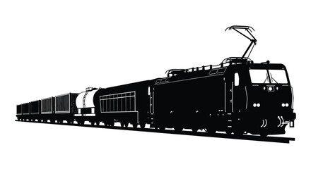 A dramatic black silhouette of a long passenger train moving along the tracks showcasing its sleek design silhouette high quality professional © CreativeAkash099