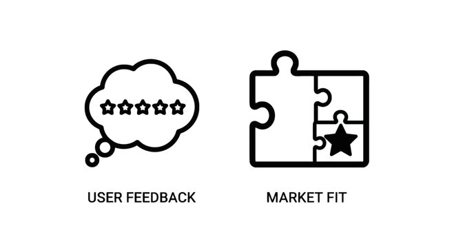 Business concept icons for user feedback with star ratings and market fit represented by a puzzle piece assembly.