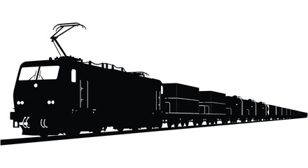 A striking black silhouette of a powerful electric locomotive traversing railway tracks showcasing industrial design silhouette high quality professional detailed modern © CreativeAkash099