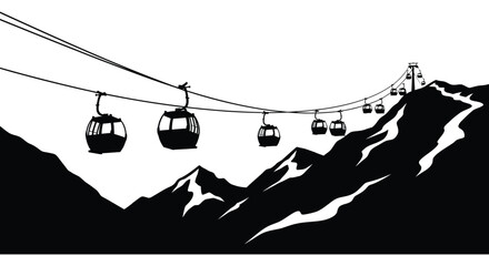 A stark black and white illustration depicts cable cars ascending mountainous terrain against a bright sky silhouette high quality professional detailed modern elegant © CreativeAkash099