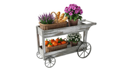 A wooden cart filled with flowers and vegetables isolated on transparent background