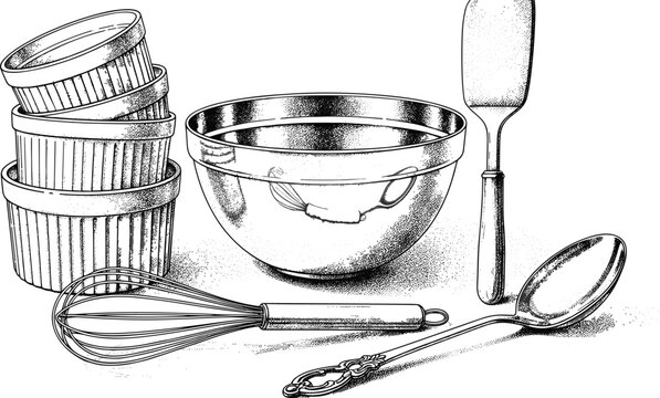 Professional Vintage Line Art Illustration Set Featuring Baking Essentials Including Ramekins Mixing Bowls Wire Whisks and Culinary Spoons Asset