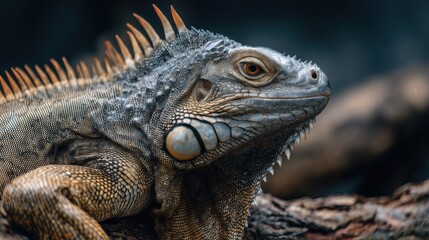 Fototapeta premium Close up portrait of iguana with textured scales and dramatic lighting