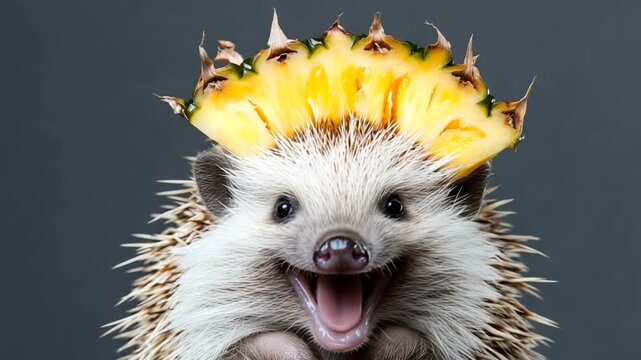 Happy hedgehog wearing pineapple crown, playful scene