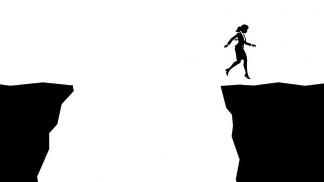 Businessman silhouette jumping across gap between cliffs video seamless loop 4K