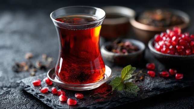 Turkish tea in glass with pomegranate seeds on slate surface.