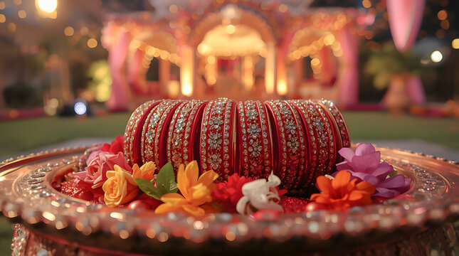Elegant red and gold bridal bangles on a ceremonial platter. Perfect for traditional Indian wedding decor and jewelry showcases. High-quality festive aesthetic with bokeh lighting.