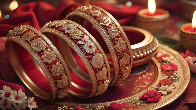 Stunning handcrafted red and gold bridal kadas on a brass platter. Intricate floral metalwork and velvet accents create a luxurious, traditional aesthetic for a festive celebration.