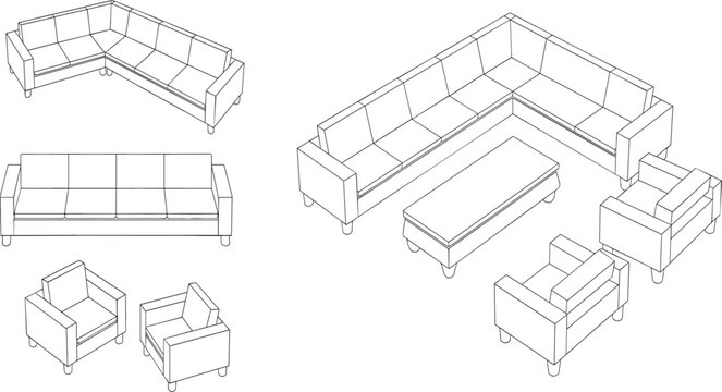 Isometric living room furniture vector set, featuring modern sofa, corner couch, armchair, and coffee table silhouettes