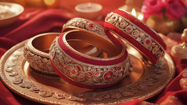 Stunning handcrafted red and gold bridal kadas on a brass platter. Intricate floral metalwork and velvet accents create a luxurious, traditional aesthetic for a festive celebration.