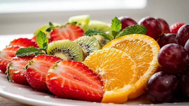 Fresh mixed fruits are displayed on a white plate