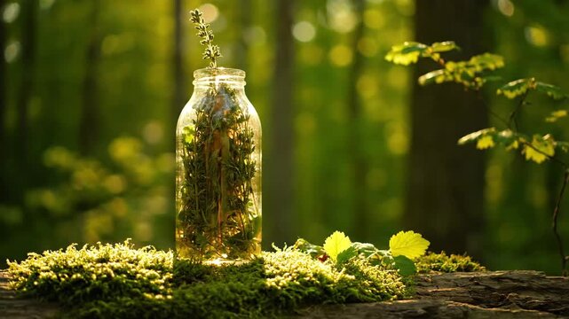 A glass jar filled with fresh herbs sits in a sunlit forest