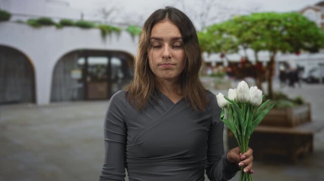 Woman holding white tulips on a street, hand visible and lips pursed in uncertain gesture; uncertainty apology.